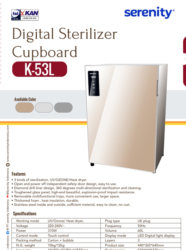 Sterilisator Digital Cupbard K53L 1Pintu Serenity
